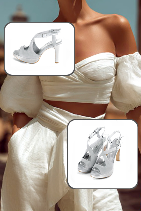 Women's pearl grey and silver elegant cross straps sandals. .  - Top view